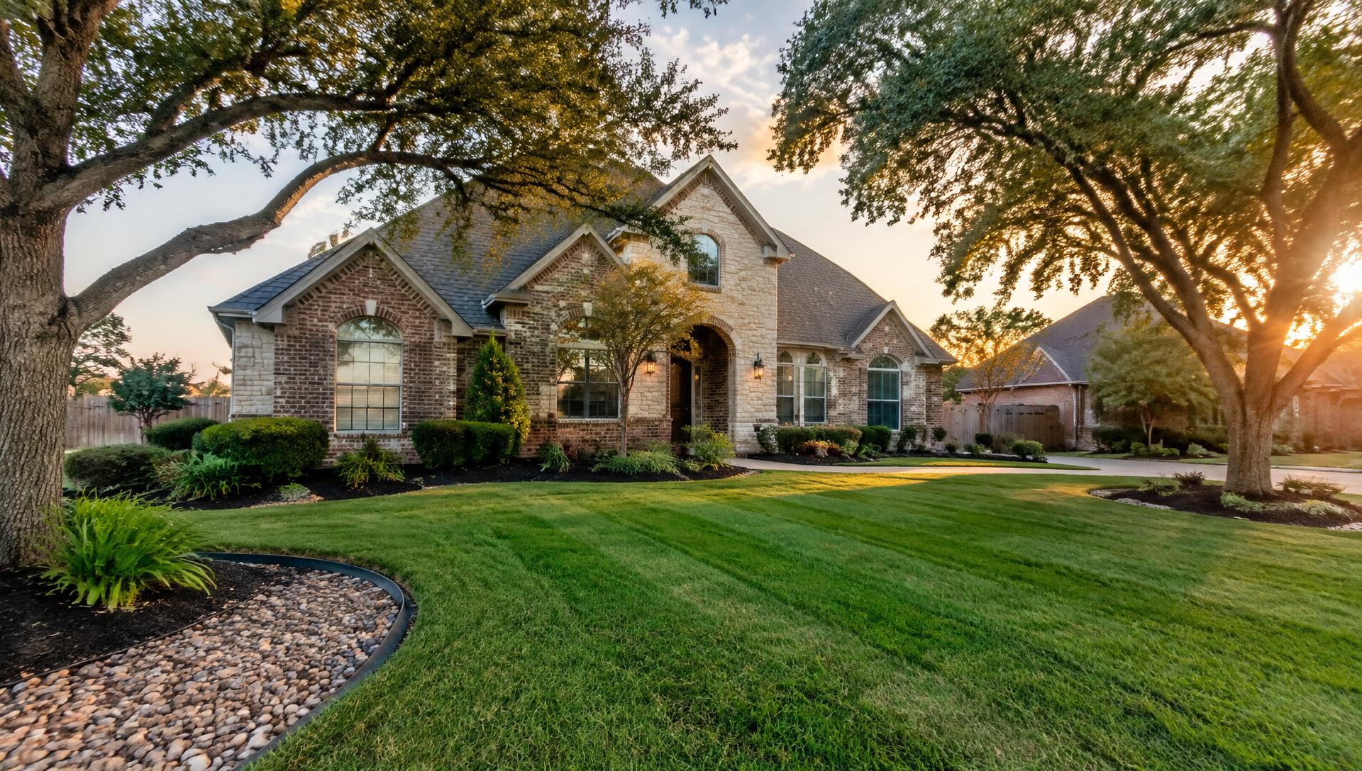 Freshly mowed lawn and landscaped beds at a North Texas home